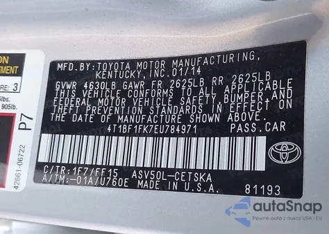 2014 Toyota Camry Se из США, поврежденный, VIN 4T1BF1FK7EU784971